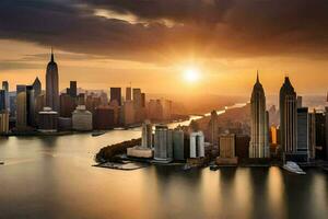 de zon stijgt over- nieuw york stad. ai-gegenereerd foto