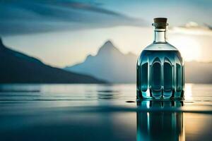 een fles van blauw vloeistof zittend Aan de water met bergen in de achtergrond. ai-gegenereerd foto