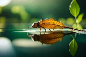 een kever Aan een blad in de water. ai-gegenereerd foto