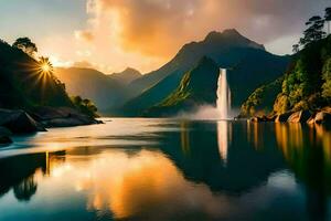 een waterval in de bergen Bij zonsondergang. ai-gegenereerd foto