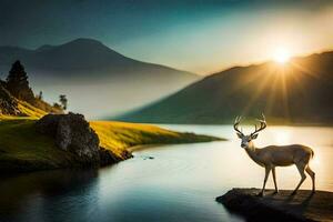 een hert staat Aan de rand van een meer Bij zonsondergang. ai-gegenereerd foto