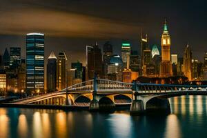 de stad horizon Bij nacht met een brug over- water. ai-gegenereerd foto