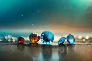 vier kleurrijk stenen Aan een strand met water. ai-gegenereerd foto