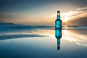 een fles van blauw vloeistof zittend Aan de strand Bij zonsondergang. ai-gegenereerd foto