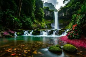 de waterval in de oerwoud is omringd door weelderig groen planten en bloemen. ai-gegenereerd foto