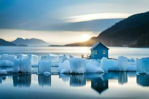 ijsbergen in de water, blauw huis, bergen, water, hd behang. ai-gegenereerd foto