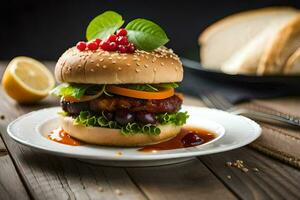 een Hamburger met groenten en een plak van brood. ai-gegenereerd foto