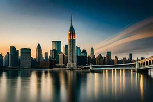 de Manhattan horizon Bij zonsondergang. ai-gegenereerd foto