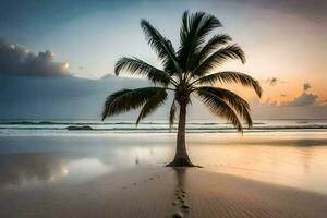 een palm boom Aan de strand Bij zonsondergang. ai-gegenereerd foto