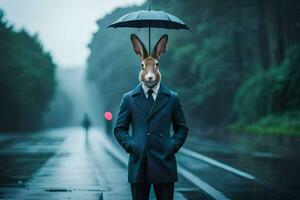 een konijn vervelend een pak en Holding een paraplu. ai-gegenereerd foto