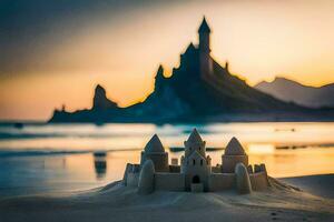 zand kasteel Aan de strand Bij zonsondergang. ai-gegenereerd foto