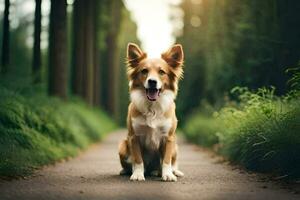 een hond zittend Aan de weg in de midden- van een Woud. ai-gegenereerd foto