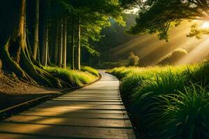 een houten pad Leidt door de bossen Bij zonsondergang. ai-gegenereerd foto