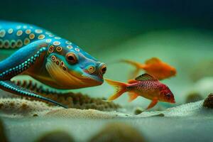 een blauw en oranje vis is zwemmen De volgende naar een kleurrijk zee anemoon. ai-gegenereerd foto