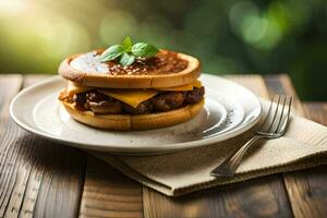 een Hamburger met kaas en vlees Aan een bord. ai-gegenereerd foto
