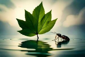 een blad en een mier zijn staand in water. ai-gegenereerd foto