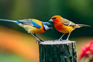 twee kleurrijk vogelstand staand Aan een houten na. ai-gegenereerd foto