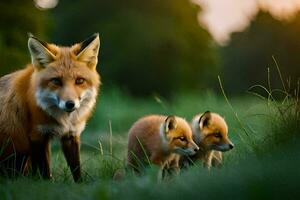 een vos familie in de gras. ai-gegenereerd foto
