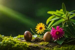 foto behang natuur, de zon, bloemen, de gras, de eieren, de bloemen, de. ai-gegenereerd