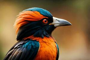 een kleurrijk vogel met oranje, blauw en zwart veren. ai-gegenereerd foto