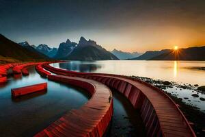 de zon sets over- een meer met rood houten looppaden. ai-gegenereerd foto