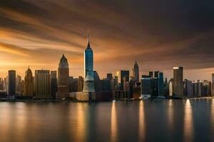 de stad horizon Bij zonsondergang in nieuw york. ai-gegenereerd foto
