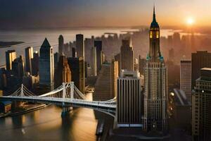 de zon stijgt over- de stad horizon in nieuw york. ai-gegenereerd foto