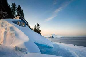 een huis Aan top van een sneeuw gedekt heuvel. ai-gegenereerd foto