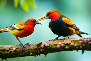 twee kleurrijk vogelstand zittend Aan een Afdeling. ai-gegenereerd foto