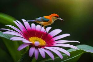 een kleurrijk vogel neergestreken Aan een bloem. ai-gegenereerd foto