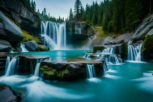 een mooi waterval in de bergen met blauw water. ai-gegenereerd foto