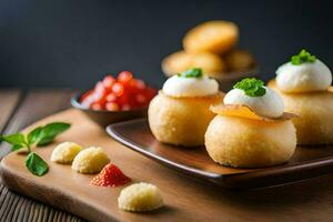 klein cakes met room en aardbeien Aan een houten bord. ai-gegenereerd foto