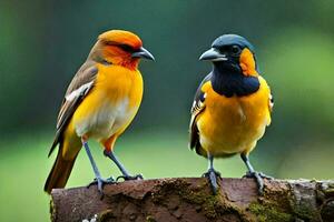 twee kleurrijk vogelstand staand Aan top van een boom. ai-gegenereerd foto