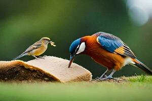 een vogel en een vogel voeden Aan een stuk van brood. ai-gegenereerd foto