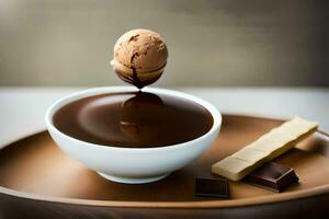 een chocola bal wezen gedoopt in een kom van heet chocola. ai-gegenereerd foto