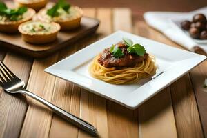 spaghetti met vlees saus en brood Aan een bord. ai-gegenereerd foto