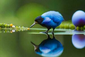 een blauw vogel is staand Aan de water met eieren. ai-gegenereerd foto