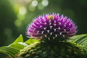 een Purper bloem is groeit Aan top van een groen fabriek. ai-gegenereerd foto