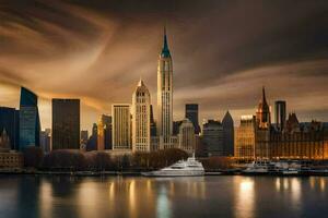 de stad horizon Bij zonsondergang in nieuw york. ai-gegenereerd foto