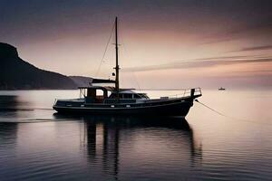 een boot is drijvend in de water Bij zonsondergang. ai-gegenereerd foto