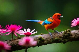 een kleurrijk vogel zit Aan een Afdeling met roze bloemen. ai-gegenereerd foto