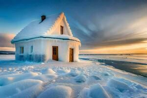 een huis gedekt in sneeuw Bij zonsondergang. ai-gegenereerd foto
