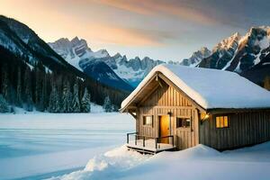 een cabine in de sneeuw met bergen in de achtergrond. ai-gegenereerd foto