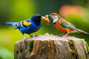 twee vogelstand zijn staand Aan een stomp met voedsel. ai-gegenereerd foto