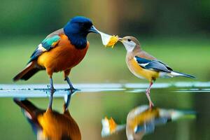 twee vogelstand staand Aan de water met een geel en blauw vogel. ai-gegenereerd foto