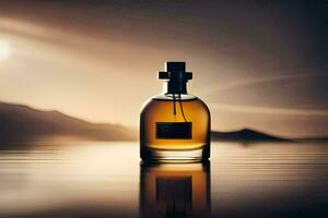 een fles van parfum zittend Aan de water. ai-gegenereerd foto