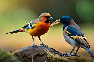 twee kleurrijk vogelstand staand Aan top van een steen. ai-gegenereerd foto