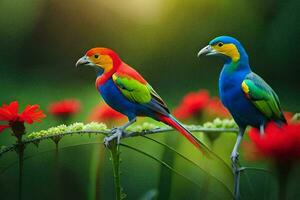 twee kleurrijk vogelstand zijn zittend Aan een Afdeling. ai-gegenereerd foto