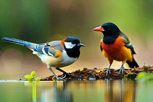 twee vogelstand staand Aan een Afdeling in de buurt water. ai-gegenereerd foto