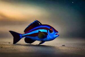 een vis met blauw en rood strepen Aan haar lichaam. ai-gegenereerd foto